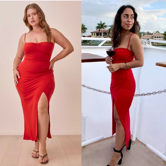 REFORMATION 90s Rib Knit Sweetheart Neck Sleeveless Ruched Side Slit Dress M - Picture 2 of 5